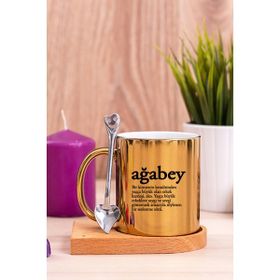 Hediye Dükkanı Ağabey Kelime Anlamı Ahşap Altlıklı Kaşıklı Gold Kupa Bardak