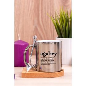 Hediye Dükkanı Ağabey Kelime Anlamı Ahşap Altlıklı Kaşıklı Silver Kupa Bardak