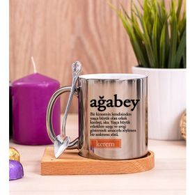 Hediye Dükkanı Ağabey Kelime Anlamı Ahşap Altlıklı Kaşıklı Silver Kupa Bardak