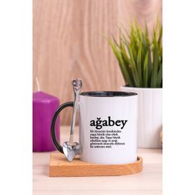 Hediye Dükkanı Ağabey Kelime Anlamı Ahşap Altlıklı Kaşıklı Siyah Kupa Bardak