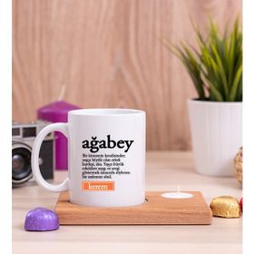 Hediye Dükkanı Ağabey Kelime Anlamı Ahşap Altlıklı Mumlu Beyaz Kupa Bardak