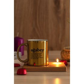 Hediye Dükkanı Ağabey Kelime Anlamı Ahşap Altlıklı Mumlu Gold Kupa Bardak