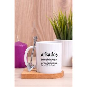 Hediye Dükkanı Arkadaş Kelime Anlamı Ahşap Altlıklı Kaşıklı Beyaz Kupa Bardak