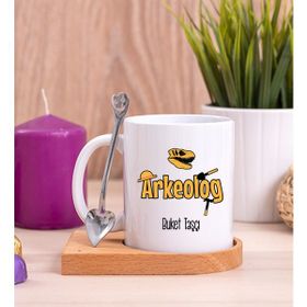 Hediye Dükkanı Arkeolog Ahşap Altlıklı Kaşıklı Beyaz Kupa Bardak
