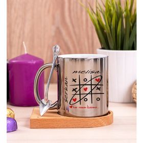 Hediye Dükkanı Aşk Her Zaman Kazanır Ahşap Altlıklı Kaşıklı Silver Kupa Bardak