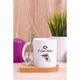 Hediye Dükkanı Askere Hediye Ahşap Altlıklı Kaşıklı Beyaz Kupa Bardak