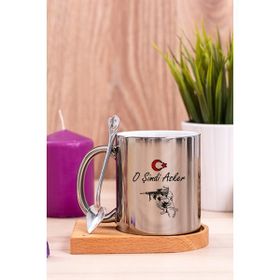 Hediye Dükkanı Askere Hediye Ahşap Altlıklı Kaşıklı Silver Kupa Bardak