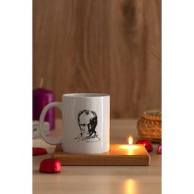 Hediye Dükkanı Atatürk Siluetli Ahşap Altlıklı Mumlu Beyaz Kupa Bardak