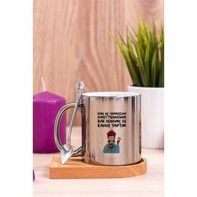 Hediye Dükkanı Bak Kendime De Kahve Yaptım Ahşap Altlıklı Kaşıklı Silver Kupa Bardak