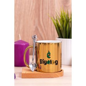 Hediye Dükkanı Biyolog Ahşap Altlıklı Kaşıklı Gold Kupa Bardak