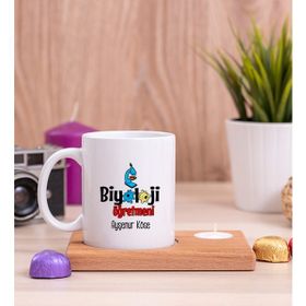 Hediye Dükkanı Biyoloji Öğretmeni Ahşap Altlıklı Mumlu Beyaz Kupa Bardak