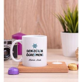 Hediye Dükkanı Denizcilik Öğretmeni Ahşap Altlıklı Mumlu Beyaz Kupa Bardak