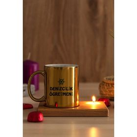 Hediye Dükkanı Denizcilik Öğretmeni Ahşap Altlıklı Mumlu Gold Kupa Bardak
