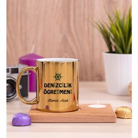 Hediye Dükkanı Denizcilik Öğretmeni Ahşap Altlıklı Mumlu Gold Kupa Bardak