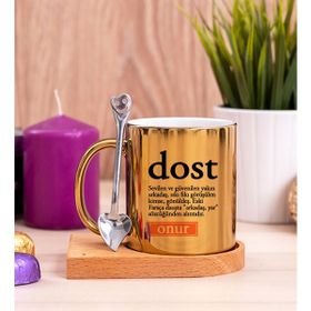 Hediye Dükkanı Dost Kelime Anlamı Ahşap Altlıklı Kaşıklı Gold Kupa Bardak