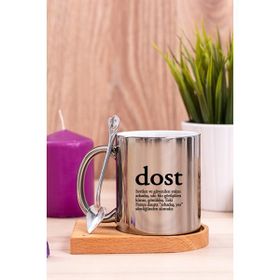 Hediye Dükkanı Dost Kelime Anlamı Ahşap Altlıklı Kaşıklı Silver Kupa Bardak