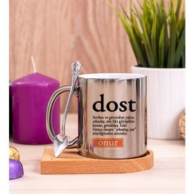 Hediye Dükkanı Dost Kelime Anlamı Ahşap Altlıklı Kaşıklı Silver Kupa Bardak