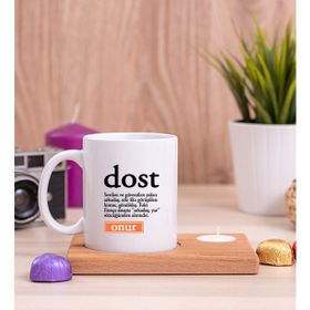 Hediye Dükkanı Dost Kelime Anlamı Ahşap Altlıklı Mumlu Beyaz Kupa Bardak