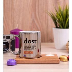 Hediye Dükkanı Dost Kelime Anlamı Ahşap Altlıklı Mumlu Silver Kupa Bardak