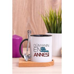 Hediye Dükkanı Dünyanın En Iyi Annesi Ahşap Altlıklı Kaşıklı Siyah Kupa Bardak