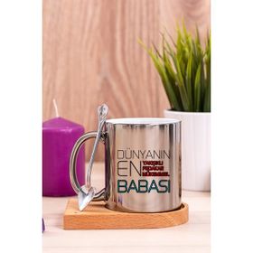 Hediye Dükkanı Dünyanın En Iyi Babası Ahşap Altlıklı Kaşıklı Silver Kupa Bardak