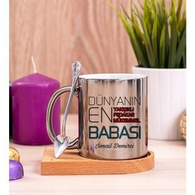 Hediye Dükkanı Dünyanın En Iyi Babası Ahşap Altlıklı Kaşıklı Silver Kupa Bardak