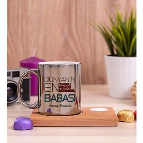 Hediye Dükkanı Dünyanın En Iyi Babası Ahşap Altlıklı Mumlu Silver Kupa Bardak