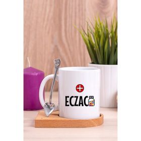 Hediye Dükkanı Eczacı Ahşap Altlıklı Kaşıklı Beyaz Kupa Bardak