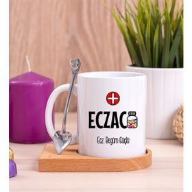 Hediye Dükkanı Eczacı Ahşap Altlıklı Kaşıklı Beyaz Kupa Bardak