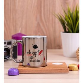 Hediye Dükkanı Edebiyat Öğretmeni Ahşap Altlıklı Mumlu Silver Kupa Bardak