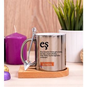 Hediye Dükkanı Eş Kelime Anlamı Ahşap Altlıklı Kaşıklı Silver Kupa Bardak