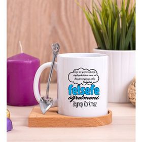 Hediye Dükkanı Felsefe Öğretmeni Ahşap Altlıklı Kaşıklı Beyaz Kupa Bardak