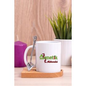 Hediye Dükkanı Genetik Mühendisi Ahşap Altlıklı Kaşıklı Beyaz Kupa Bardak