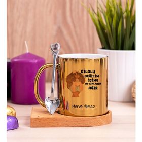 Hediye Dükkanı Içime Attıklarım Ağır Ahşap Altlıklı Kaşıklı Gold Kupa Bardak
