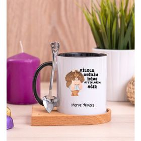 Hediye Dükkanı Içime Attıklarım Ağır Ahşap Altlıklı Kaşıklı Siyah Kupa Bardak