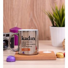 Hediye Dükkanı Kadın Kelime Anlamı Ahşap Altlıklı Mumlu Silver Kupa Bardak