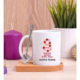 Hediye Dükkanı Kadınlar Günü Hediyesi Ahşap Altlıklı Kaşıklı Beyaz Kupa Bardak