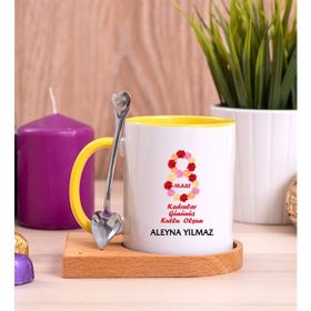 Hediye Dükkanı Kadınlar Günü Hediyesi Ahşap Altlıklı Kaşıklı Beyaz Kupa Bardak