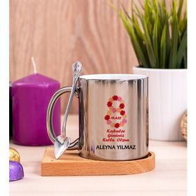Hediye Dükkanı Kadınlar Günü Hediyesi Ahşap Altlıklı Kaşıklı Silver Kupa Bardak