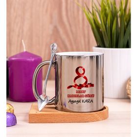 Hediye Dükkanı Kadınlar Günü Hediyesi Ahşap Altlıklı Kaşıklı Silver Kupa Bardak