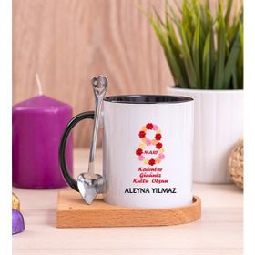 Hediye Dükkanı Kadınlar Günü Hediyesi Ahşap Altlıklı Kaşıklı Siyah Kupa Bardak