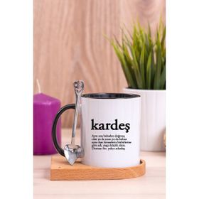 Hediye Dükkanı Kardeş Kelime Anlamı Ahşap Altlıklı Kaşıklı Siyah Kupa Bardak