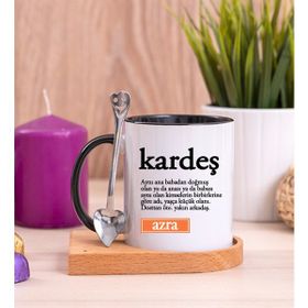Hediye Dükkanı Kardeş Kelime Anlamı Ahşap Altlıklı Kaşıklı Siyah Kupa Bardak