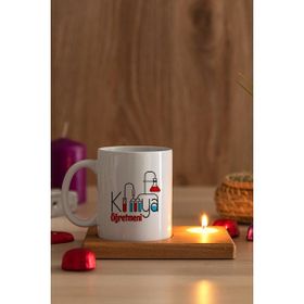 Hediye Dükkanı Kimya Öğretmeni Ahşap Altlıklı Mumlu Beyaz Kupa Bardak