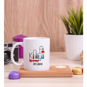 Hediye Dükkanı Kimya Öğretmeni Ahşap Altlıklı Mumlu Beyaz Kupa Bardak