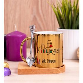 Hediye Dükkanı Kimyager Ahşap Altlıklı Kaşıklı Gold Kupa Bardak