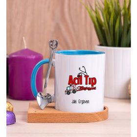 Hediye Dükkanı Kişiye Özel Acil Tıp Teknisyeni Ahşap Altlıklı Kaşıklı Mavi Kupa