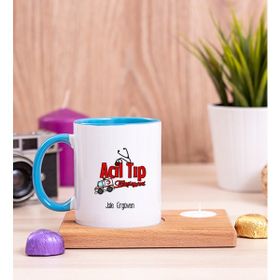 Hediye Dükkanı Kişiye Özel Acil Tıp Teknisyeni Ahşap Altlıklı Mumlu Mavi Kupa