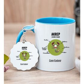 Hediye Dükkanı Kişiye Özel Akrep Burcuna Hediye Mavi Kupa Bardak ve Anahtarlık