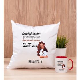 Hediye Dükkanı Kişiye Özel Alışıkın Değilsindir Tasarım Esprili Kırmızı Kupa Bardak ve Kare Yastık